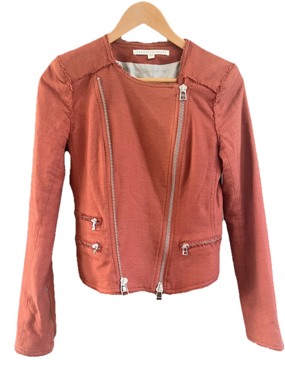 Veronica Beard Stevie Fringe Raw Edge Moto Jacket Rust Terracotta Sz 2